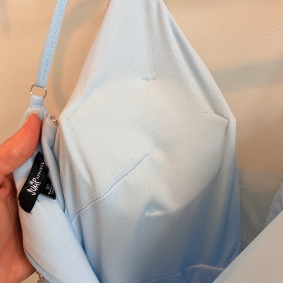 Jump Apparel NWT Beaded V-Neck Bodice Ruffle Tulle Gown Light Blue Size 1/2 New - Picture 9 of 15